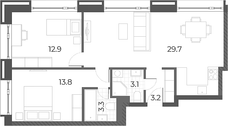 3-комн., 66 м², 13/14 этаж, ЖК «Вейв»