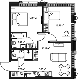 3-комн., 63.14 м², 52/57 этаж, ЖК «Джойс»