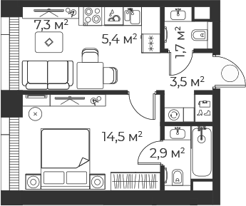 2-комн., 35.3 м², 2/35 этаж, ЖК «Веер»