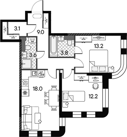 3-комн., 62.9 м², 16/18 этаж, ЖК «МАРК»