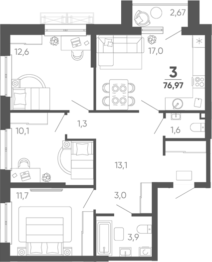 3-комн. квартира, 74.3 м² в ЖК Барса — фото 2