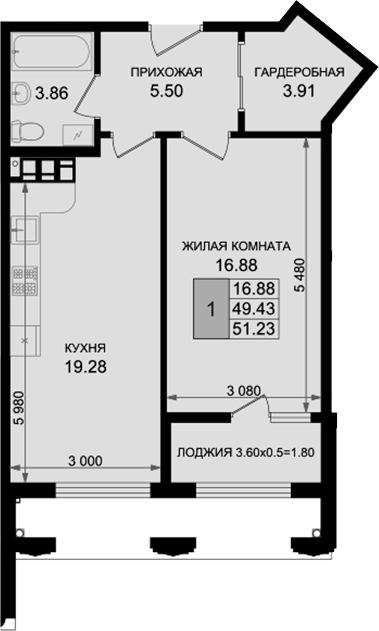 1-комн. квартира, 49.43 м² в ЖК Резиденция морей — фото 2