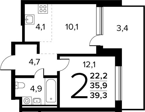 2-комн., 35.9 м², 1/9 этаж, ЖК «Новые Ватутинки Квартал у реки»