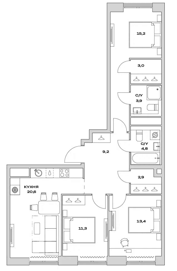 3-комн., 84.3 м², 15/21 этаж, ЖК «Детали»