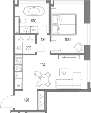 1-комн., 44.8 м², 15/20 этаж, ЖК «Северный Порт»
