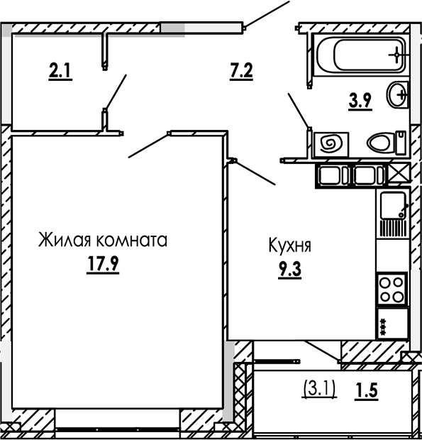 1-комн., 40.4 м², 2/12 этаж, ЖК «Малиново»