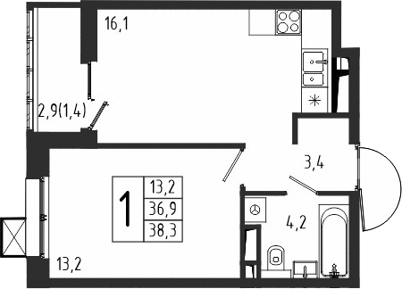 1-комн., 36.9 м², 10/10 этаж, ЖК «Берег»