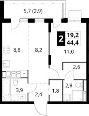 2-комн., 41.5 м², 23/25 этаж, ЖК «1-й Саларьевский»