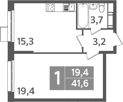 1-комн., 41.6 м², 9/9 этаж, ЖК «Ново-Молоково»
