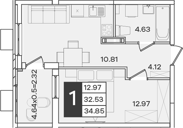 1-комн., 32.53 м², 7/9 этаж, ЖК «Сюжеты»