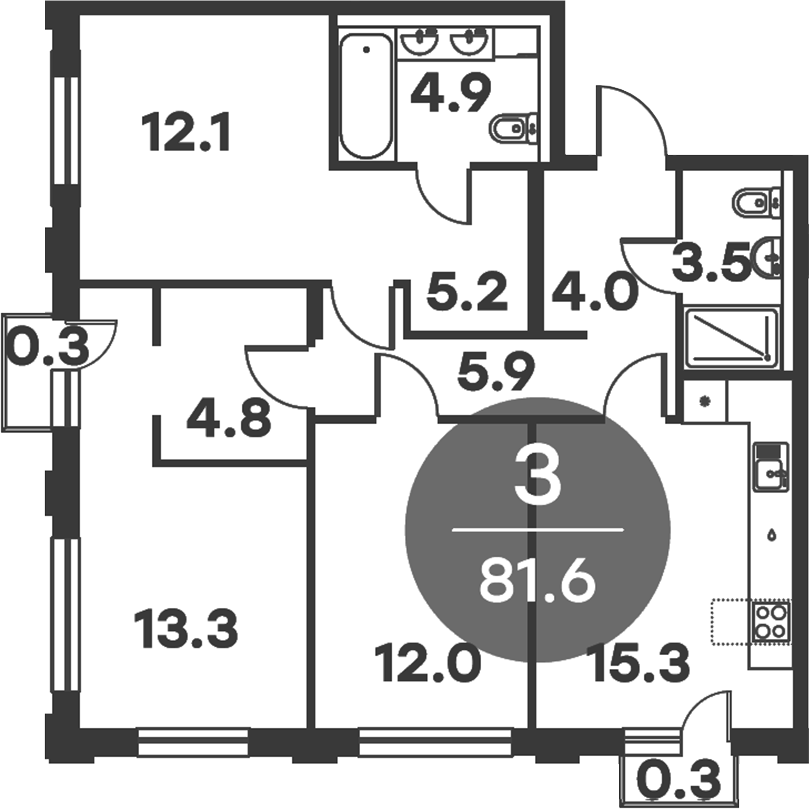3-комн., 81 м², 3/6 этаж, ЖК «Равновесие»