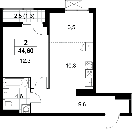 2-комн., 43.3 м², 11/13 этаж, ЖК «Дзен-кварталы»