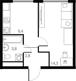 1-комн., 30.3 м², 14/25 этаж, ЖК «Лесная Коллекция»