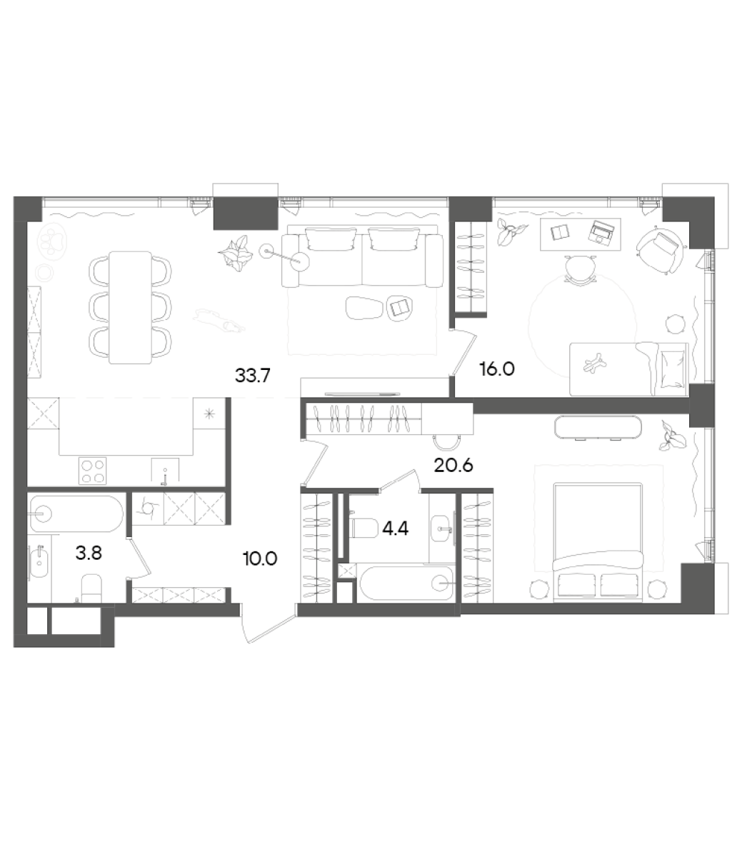 3-комн., 88.5 м², 28/45 этаж, ЖК «СТОУН Грэйн»