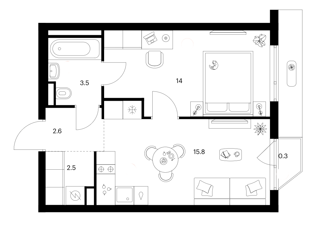 1-комн., 38.4 м², 2/24 этаж, ЖК «Зеленый парк»