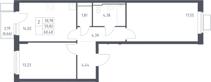 2-комн., 59.82 м², 12/12 этаж, ЖК «Новое Видное»
