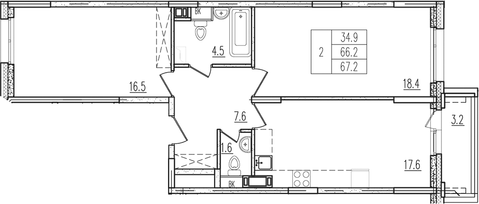 2-комн., 65.94 м², 7/9 этаж, ЖК «Пироговская ривьера. Мытищи»