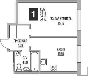 2-комн., 34.15 м², 3/14 этаж, ЖК «Гранель Притяжение Сити»