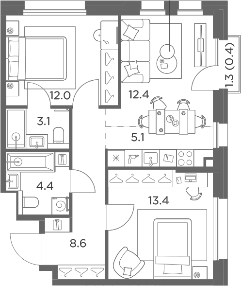 3-комн., 59 м², 3/6 этаж, ЖК «Станиславский»