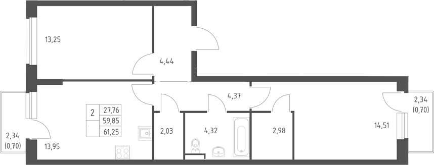 2-комн., 59.85 м², 12/17 этаж, ЖК «Горки Парк»