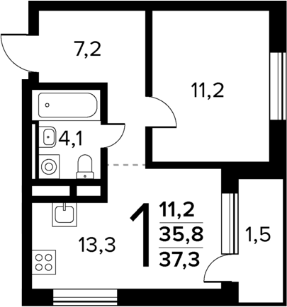 1-комн., 35.8 м², 10/13 этаж, ЖК «Новые Ватутинки Квартал у реки»