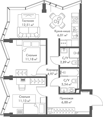 3-комн., 59.11 м², 21/24 этаж, ЖК «МИРА»