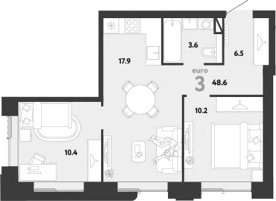 3-комн., 48.6 м², 6/33 этаж, ЖК «Страна.Заречная»
