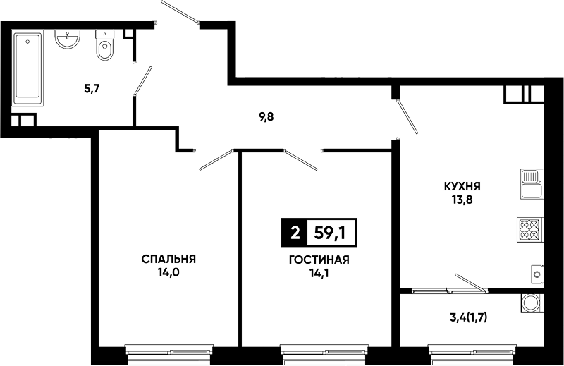 2-комн., 57.4 м², 10/24 этаж, ЖК «Резиденция Софи»