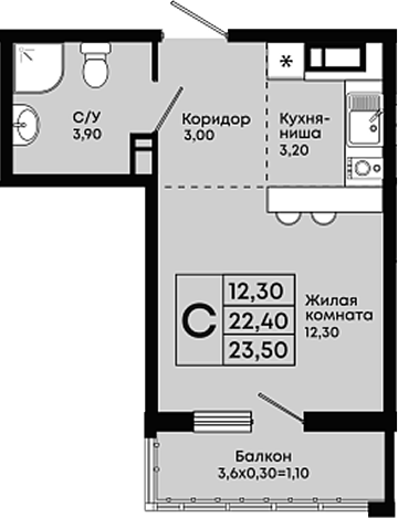 Студия, 22.4 м², 6/9 этаж, ЖК «Премьер»