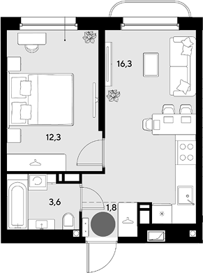 2-комн., 34 м², 13/18 этаж, ЖК «Грейд»