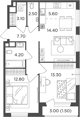 3-комн., 63.6 м², 10/22 этаж, ЖК «Филатов Луг»