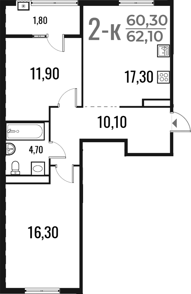 2-комн., 60.3 м², 4/7 этаж, ЖК «Новое Летово»