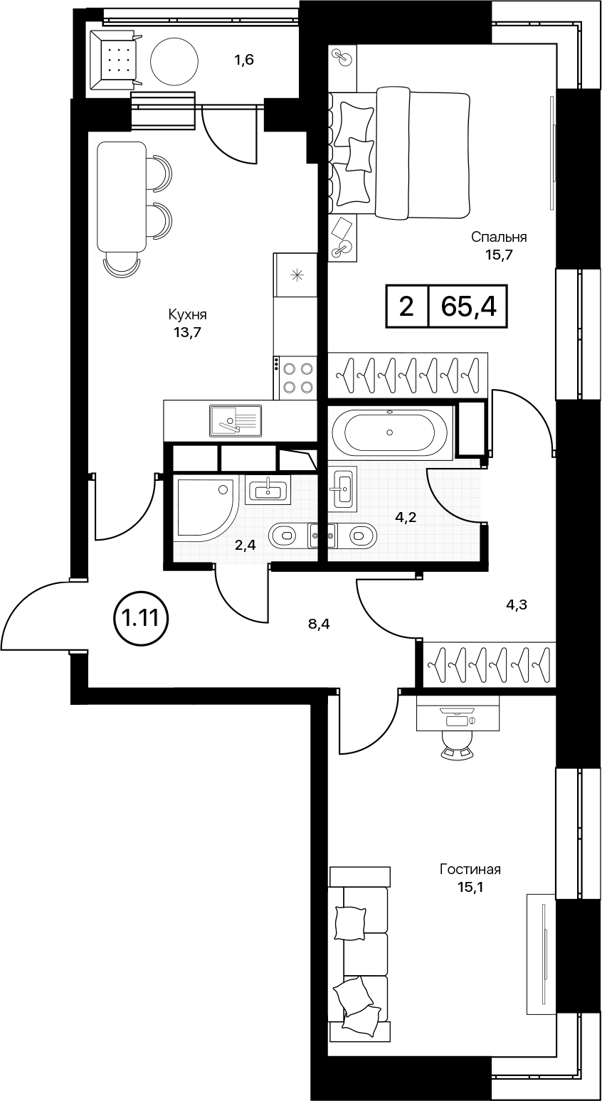 2-комн., 63.8 м², 7/13 этаж, ЖК «Пушкино Град»