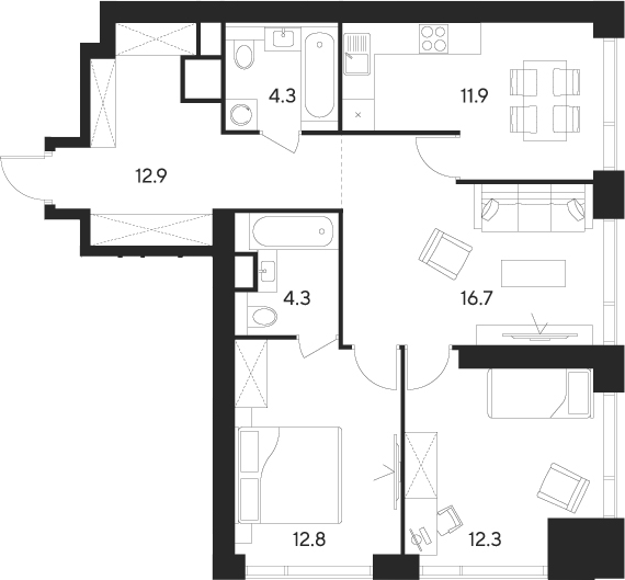 3-комн., 75.2 м², 23/55 этаж, ЖК «Инди Тауэрз от Аквилон»