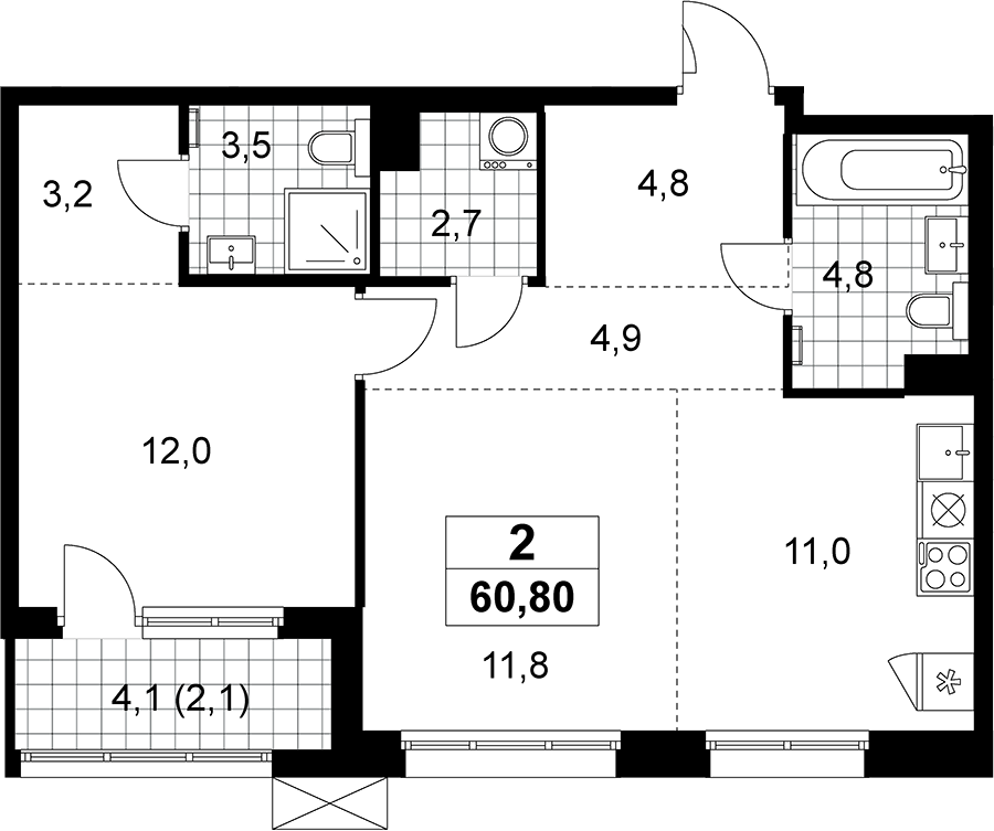 2-комн., 58.7 м², 8/8 этаж, ЖК «Дзен-кварталы»