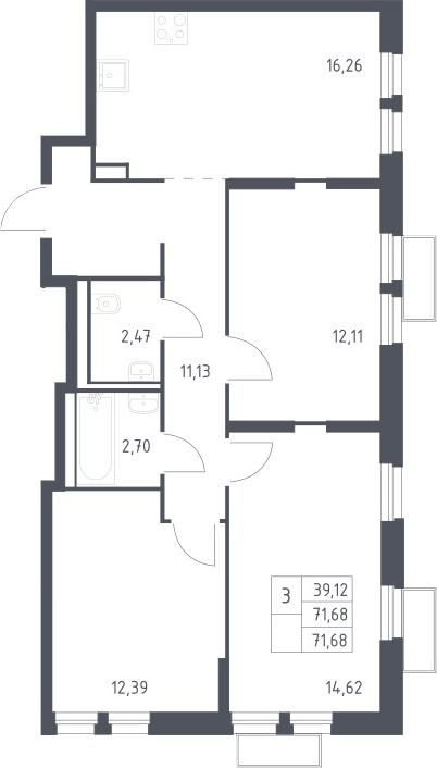 3-комн., 71.68 м², 23/24 этаж, ЖК «Квартал Строгино»