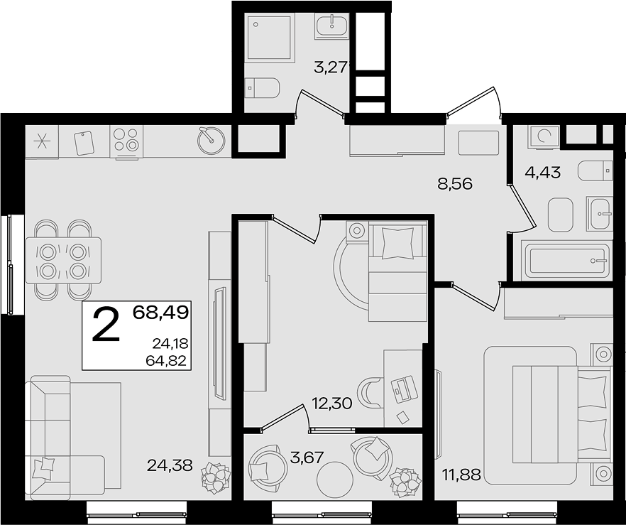 3-комн. квартира, 64.82 м² в ЖК Патрики — фото 3