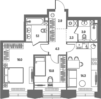 3-комн., 59.6 м², 17/39 этаж, ЖК «КОД Сокольники»