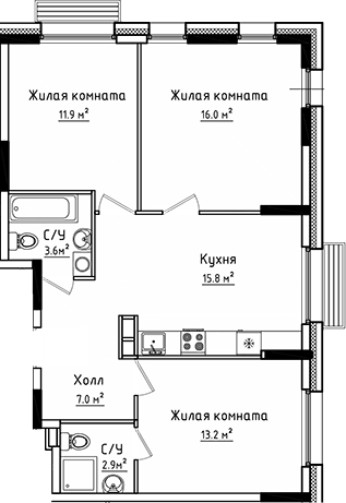 3-комн., 70.4 м², 1/4 этаж, ЖК «Коллекция»
