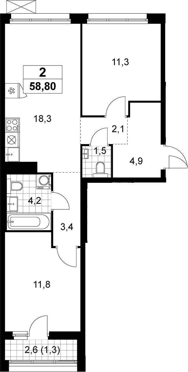 3-комн., 57.5 м², 12/14 этаж, ЖК «Прокшино»