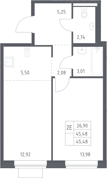2-комн., 45.48 м², 8/12 этаж, ЖК «Новое Видное»