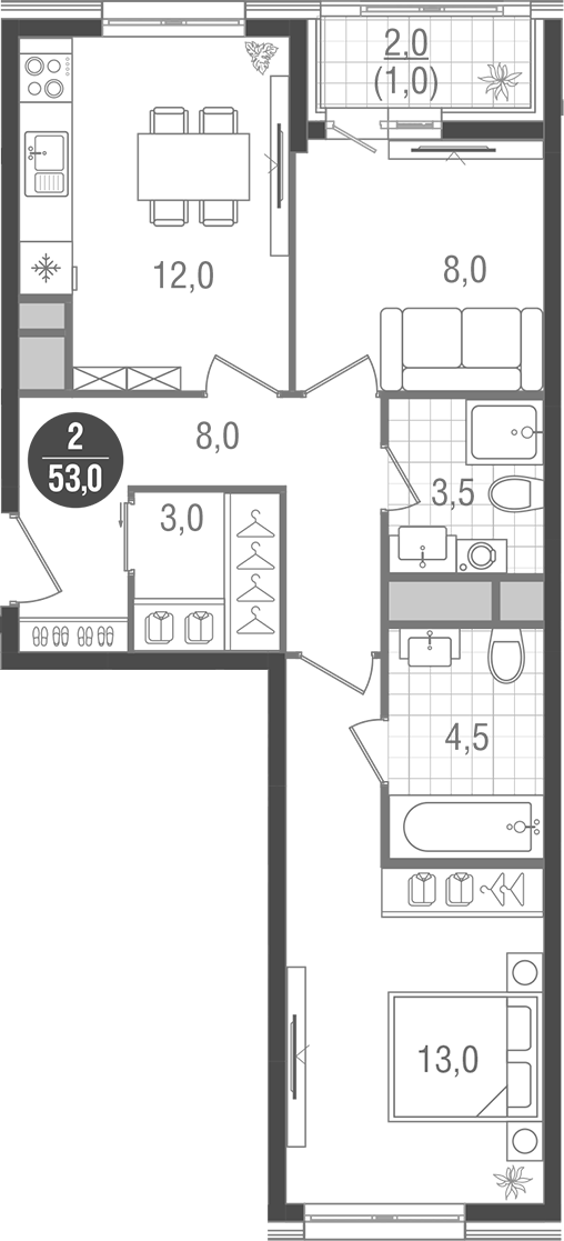 2-комн., 52 м², 20/26 этаж, ЖК «Кантемировский»