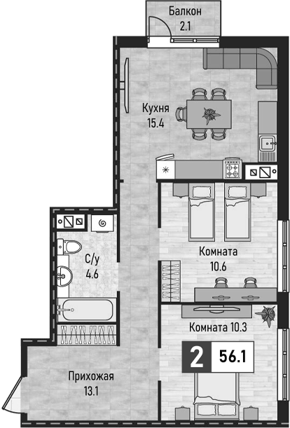 2-комн., 54 м², 4/8 этаж, ЖК «Живописный»