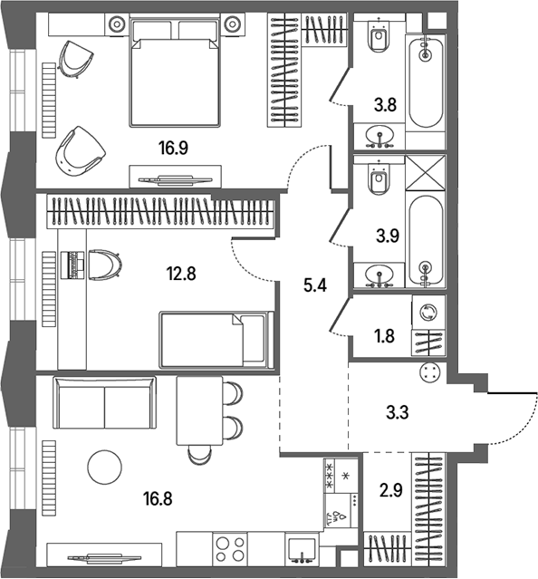 3-комн., 67.6 м², 3/12 этаж, ЖК «КОД Сокольники»