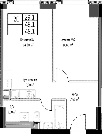 2-комн., 49.1 м², 6/35 этаж, ЖК «Мираполис»