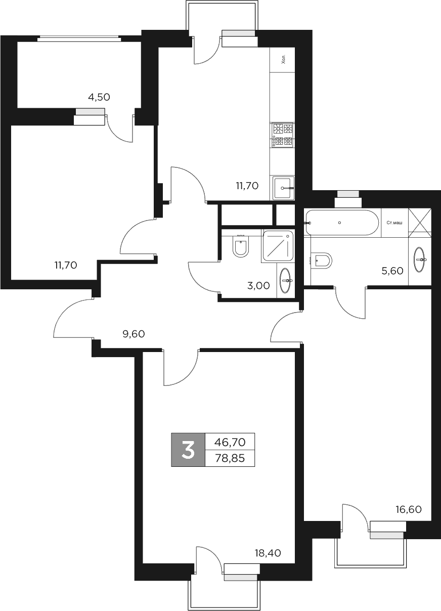 3-комн., 76.6 м², 14/17 этаж, ЖК «Восток 2»
