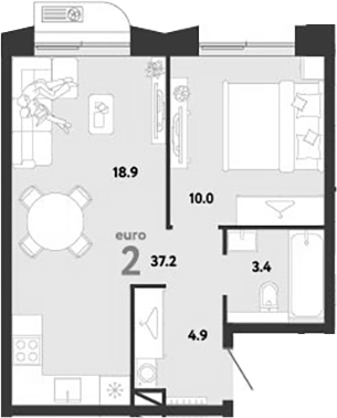 2-комн., 37.2 м², 11/12 этаж, ЖК «Страна.Заречная»
