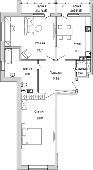 2-комн., 97.13 м², 7/9 этаж, ЖК «Рига Хиллс»