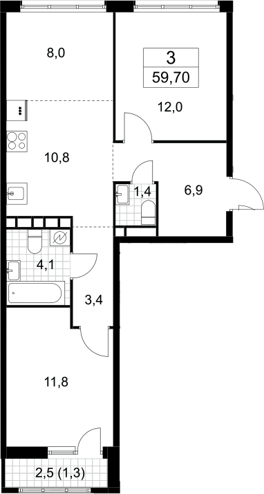 3-комн., 58.4 м², 10/10 этаж, ЖК «Родные кварталы»