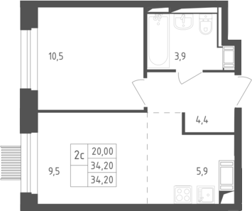 2-комн., 34.2 м², 5/17 этаж, ЖК «Мытищи Парк»